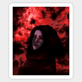 Beautiful girl with dark hair on dark red clouds background. Violet face, red eyes. Sticker